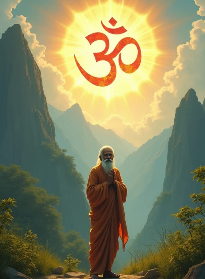 आदित्य को सुंदर पहाड़ों के बीच में आसमान में भगवान का दिव्य प्रकाशमय ॐ स्वरूप का साक्षात्कार