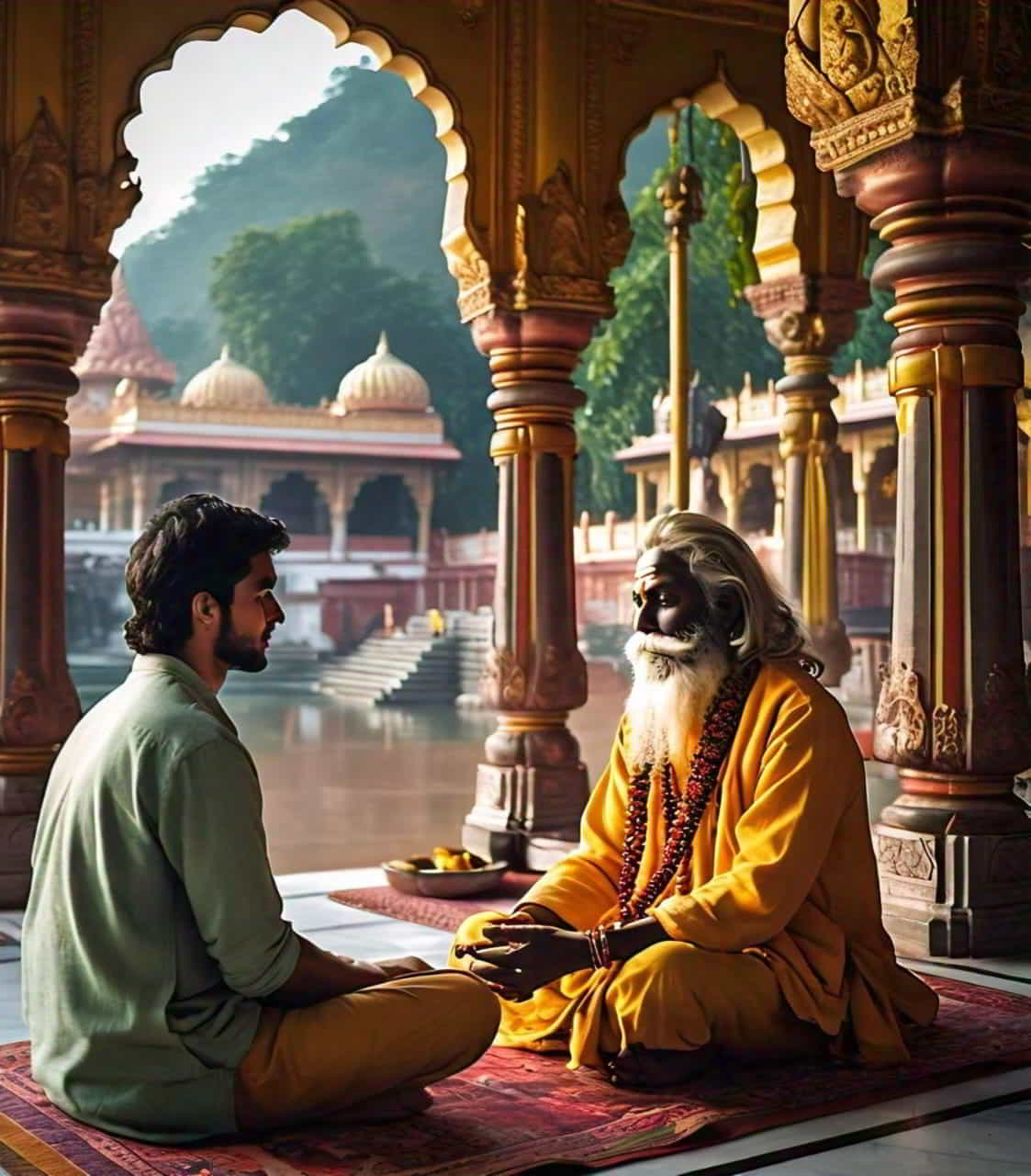 मंदिर में ज्ञानी पुजारी महेश्वर और आदित्य, भगवान की खोज, भगवान की रहस्य के बारे में ज्ञान की बाते करते हुए